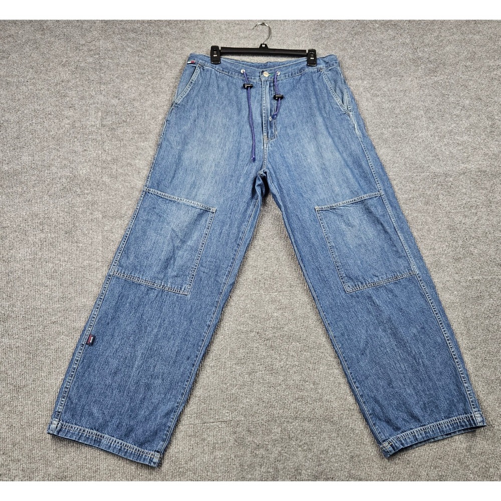 Vintage Tommy Hilfiger Jeans Mens Blue Wide Leg Drawstring Carpenter Pants 90s
